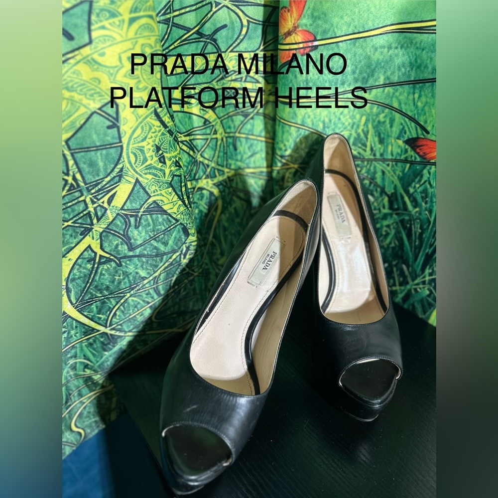 Prada Black Leather Classic Peep-Toe Platform Authentic Heels: No Box - Picture 4 of 11